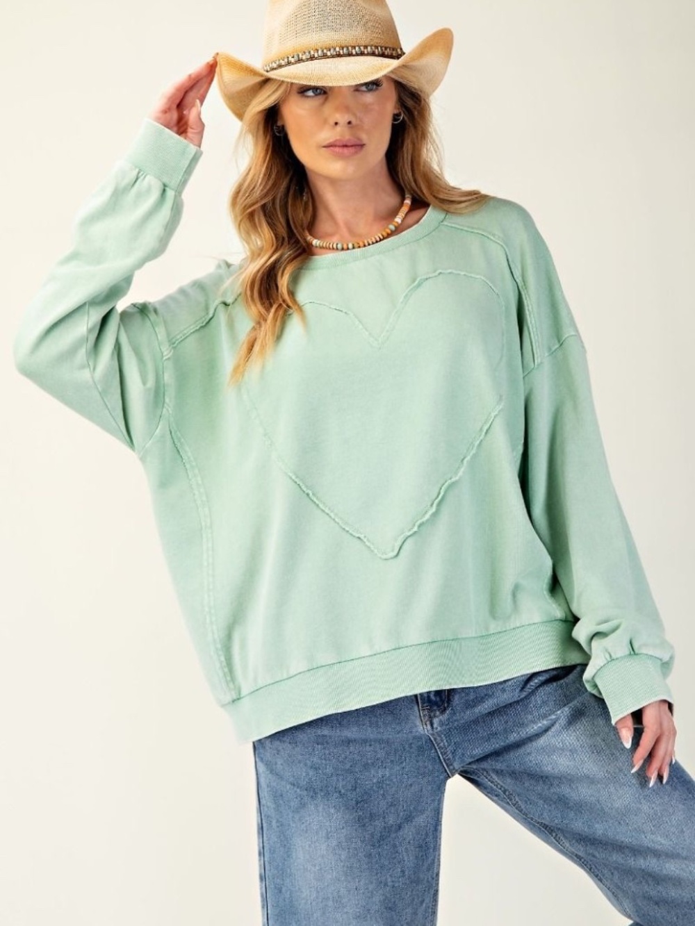 NEW EASEL WASHED TERRY KNIT PULLOVER HEART SWEATSHIRT TOP GREEN PLUS SIZE MINT